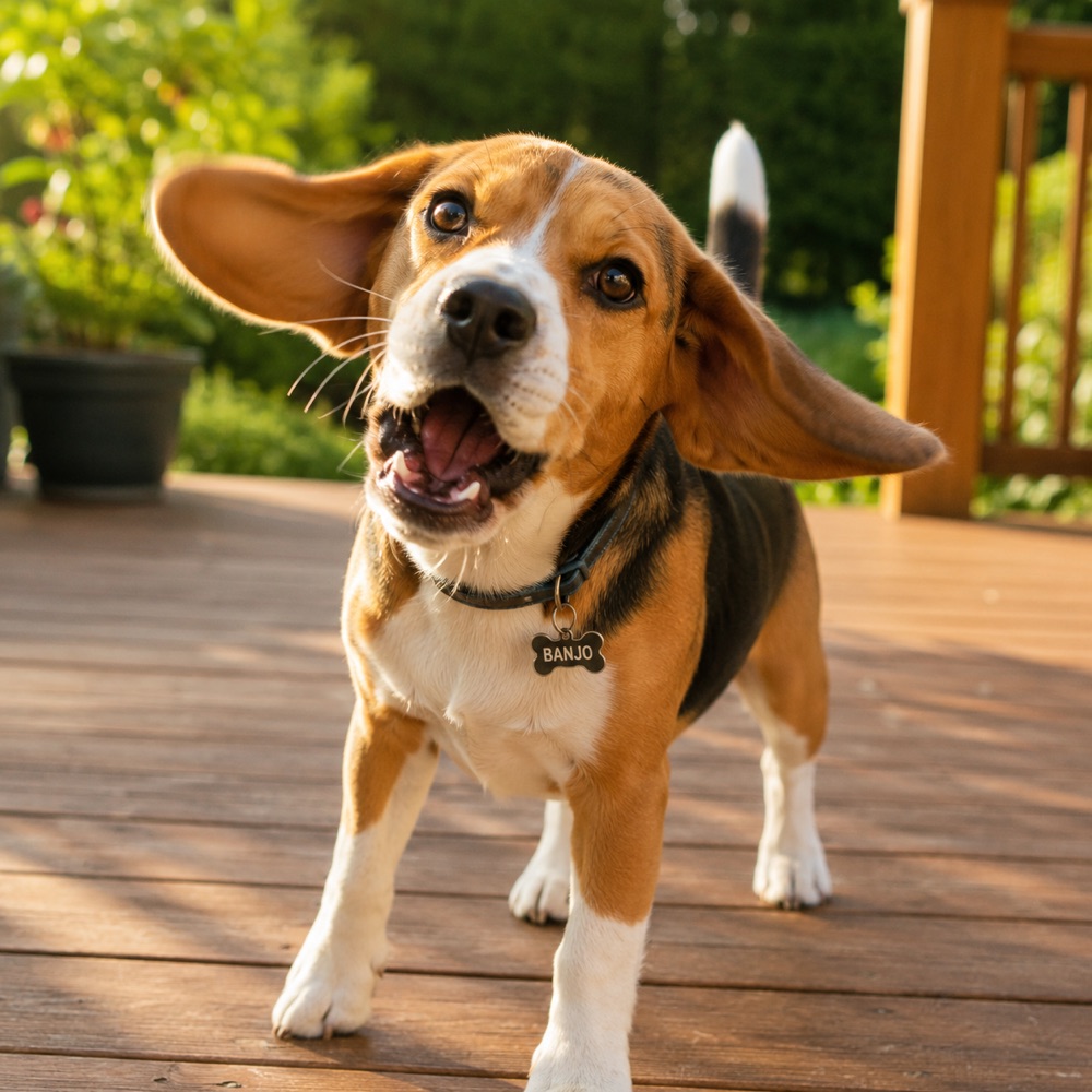 Beagle puppy barking on a porch