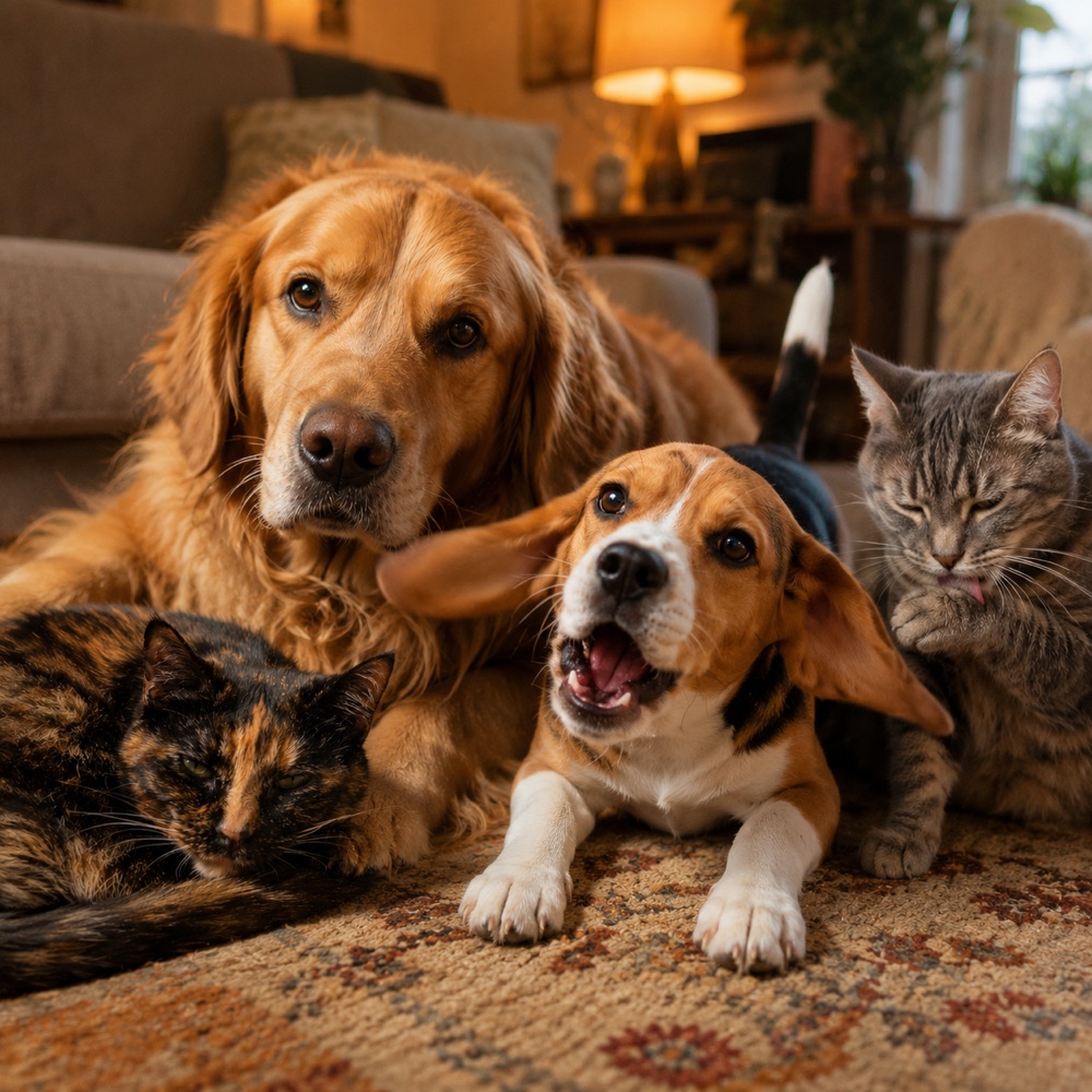 A golden retriever, a beagle and two cats together on a rug