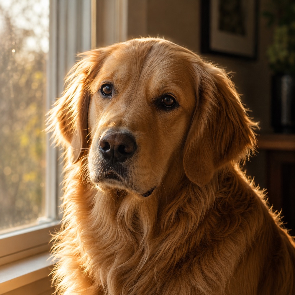 Golden retriever sitting by a sunlit window