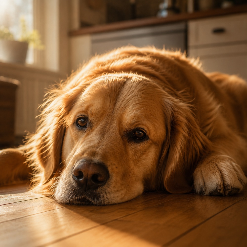 Golden retriever resting on a kitchen floor
