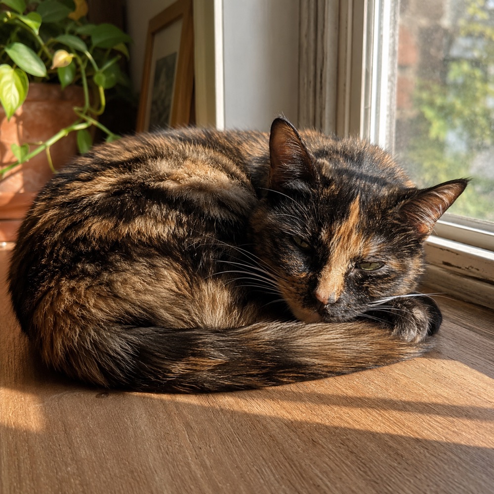 Tortoiseshell cat curled up asleep on a windowsill